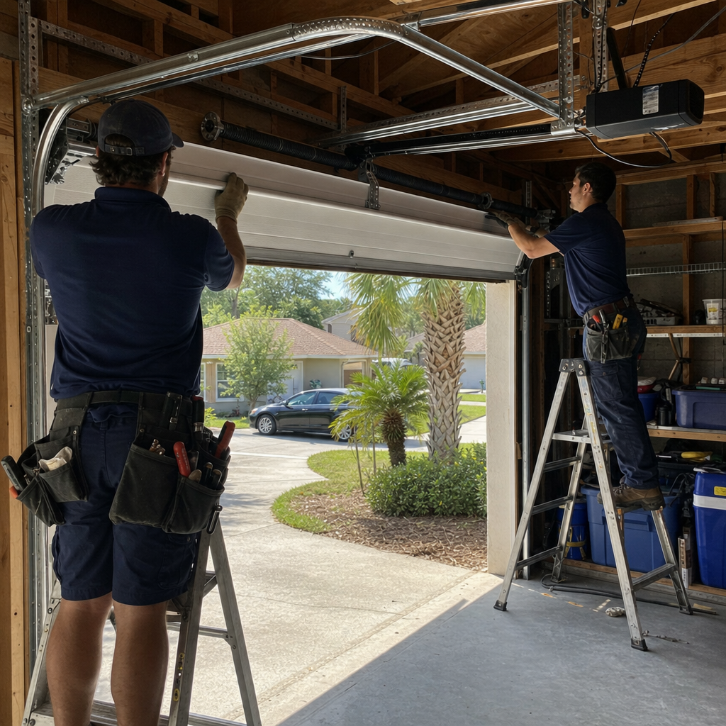 Two professional technicians performing a garage door installation service.