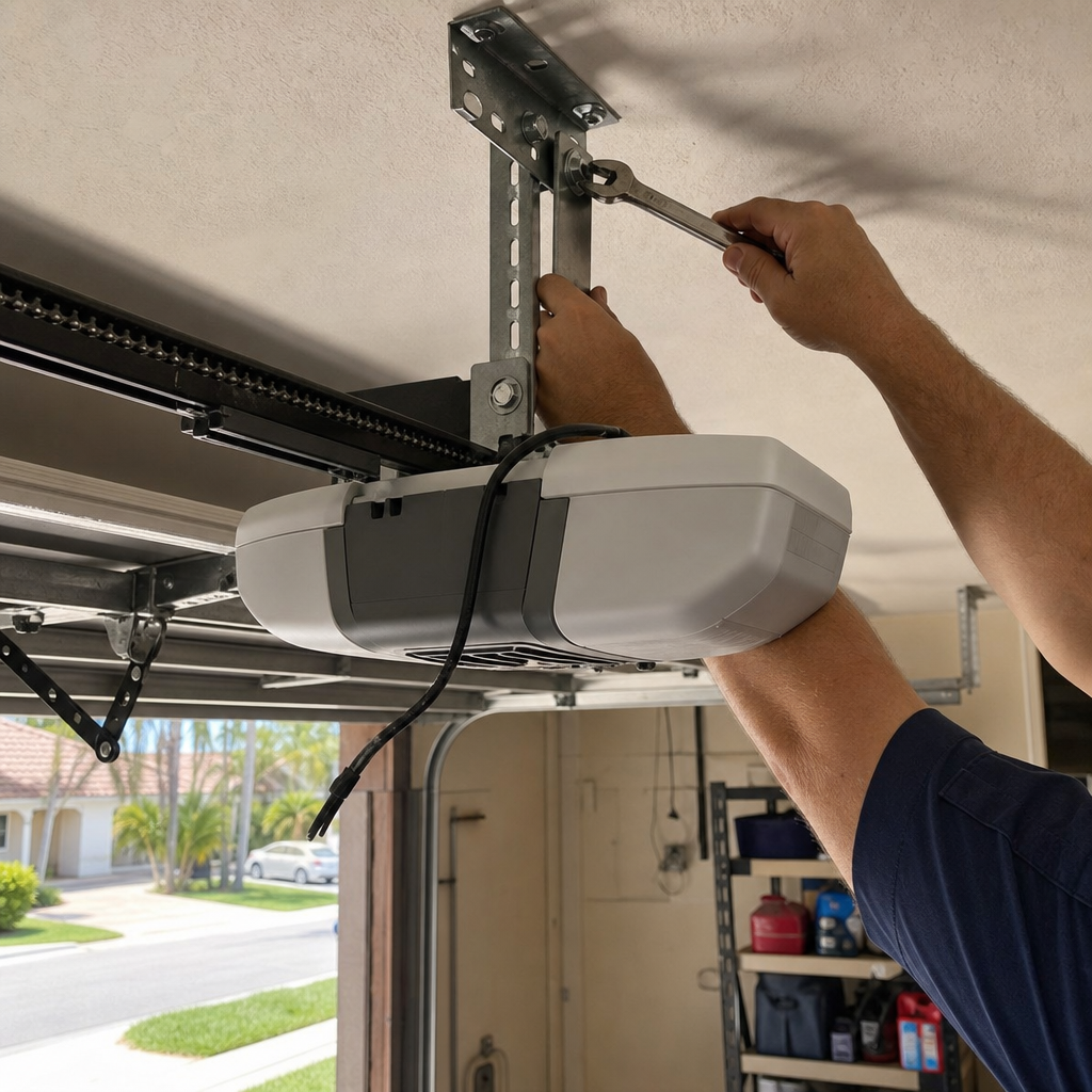 Technician tightening bolts on a ceiling-mounted garage door opener motor